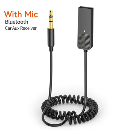 Black coiled bluetooth car aux audio receiver dongle with gold-plated 3.5mm jack and textured grille for car bt transmit