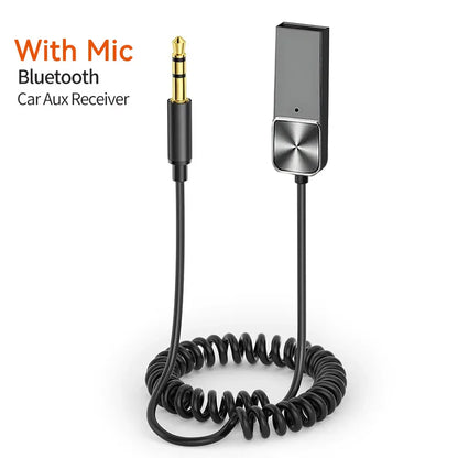 Black coiled bluetooth car aux adapter with gold 3.5mm jack and silver button panel audio receiver dongle handsfree