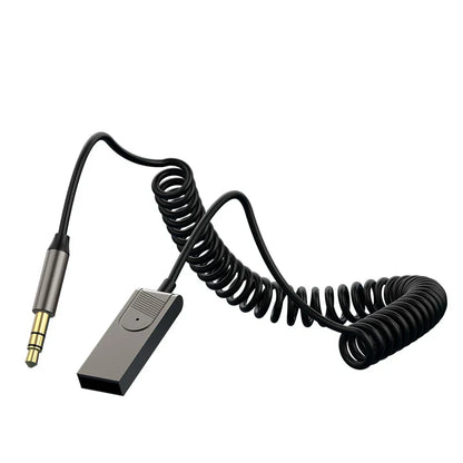 Black coiled cable with silver usb connector and matte black adapter for new upgrad car bt transmit audio receiver dongle handsfree