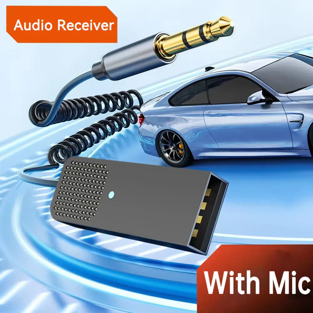 Black rectangular audio receiver dongle with coiled cable and gold-plated jack for car bt transmit handsfree use