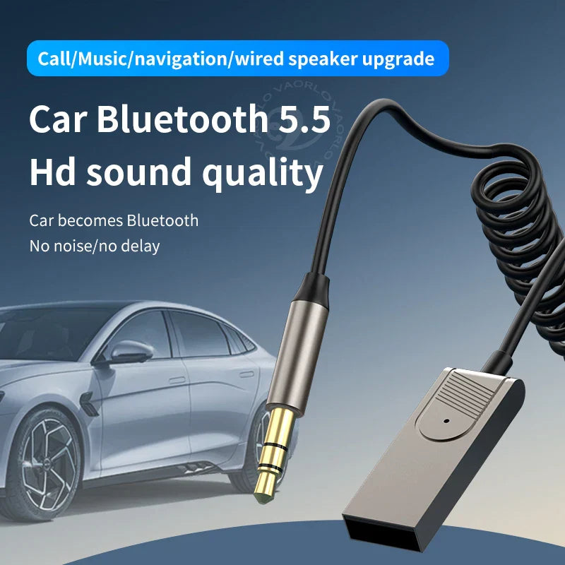 Black and silver bluetooth 5.5 car audio receiver dongle with coiled cable for hifi sound quality upgrade and handsfree use