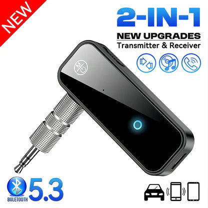 Black and silver audio transmitter receiver with upgrade bluetooth 53 in1 wireless adapter featuring textured metallic connector for car audio