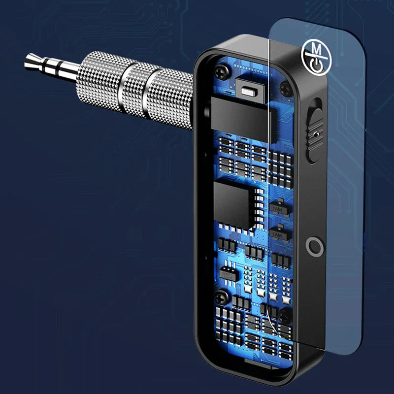 Black rectangular audio transmitter receiver with blue circuit board and silver 3.5mm jack upgrade bluetooth 5.3 in1 wireless adapter