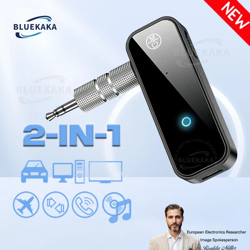 Black and silver bluekaka 2-in-1 audio transmitter receiver with textured metallic connector upgrade bluetooth 5.3 adapter