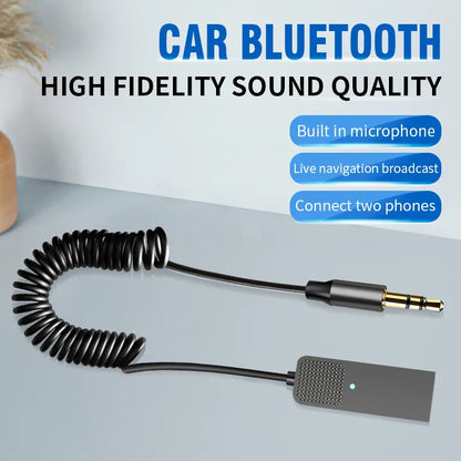 Black coiled aux car wireless bluetooth 5.4 adapter with metallic 3.5mm jack and gray wireless music adapter receiver unit