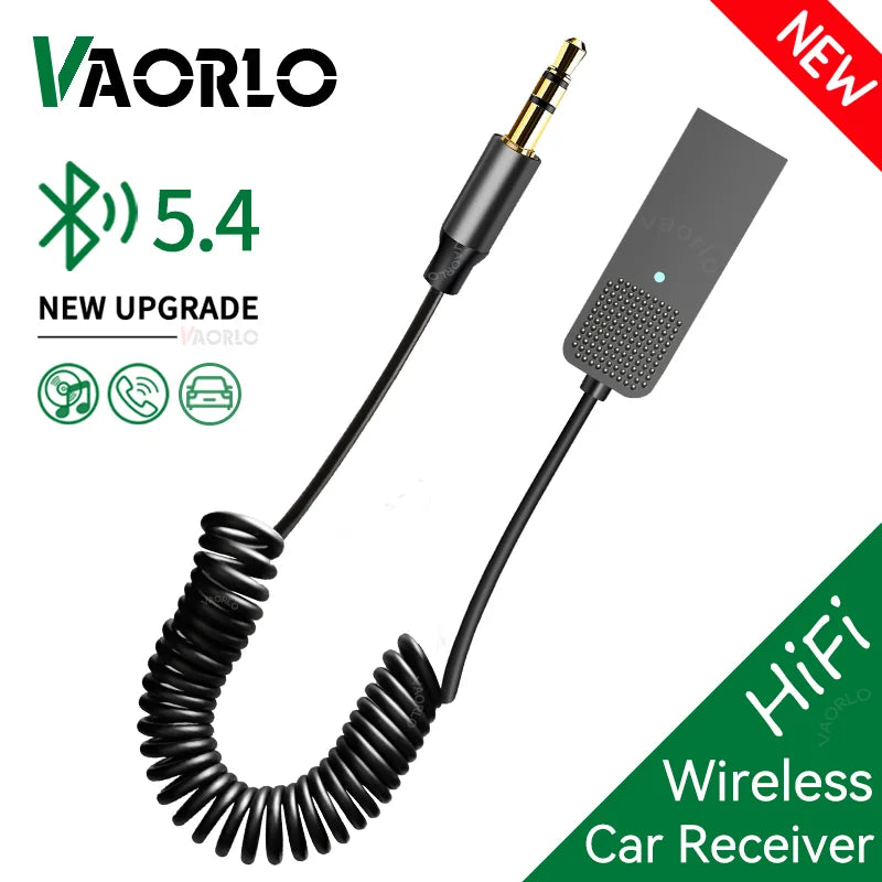 Black coiled aux car wireless cable with gold 3.5mm jack and gray vaorlo hifi wireless music adapter with led indicator
