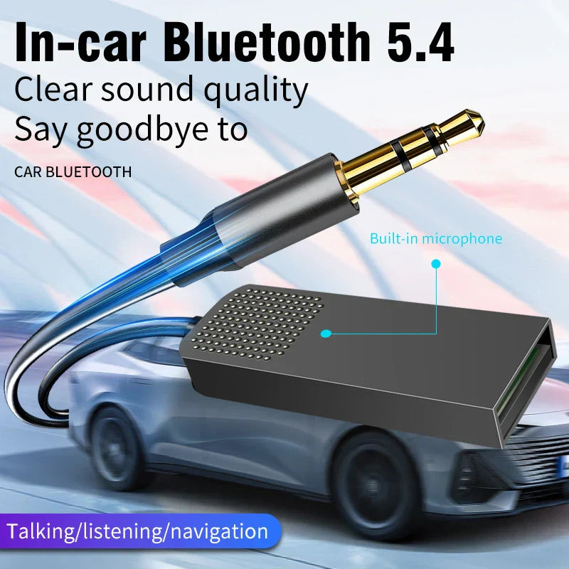 Black rectangular bluetooth 5.4 aux car wireless music adapter with gold 3.5mm jack and hd mic for kit wired speaker use