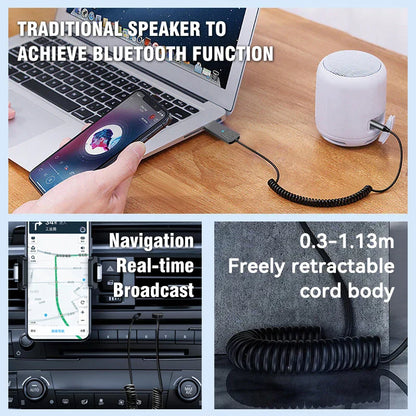 White cylindrical bluetooth 5.4 wireless music adapter with coiled black cord for aux car wireless kit wired speaker use