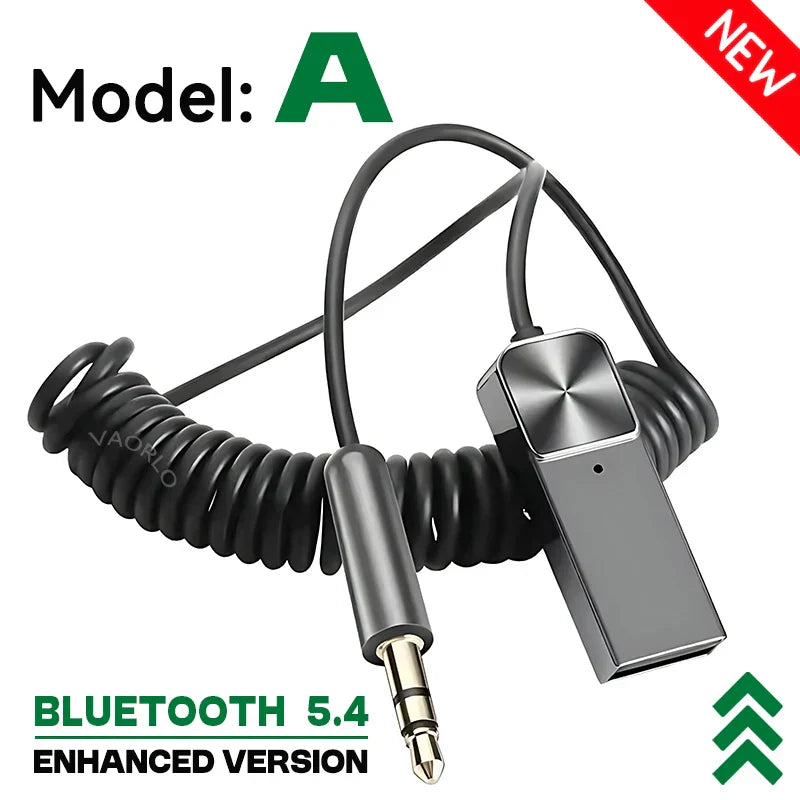 Black coiled cable with silver bluetooth 5.4 receiver and gold-plated 3.5mm jack aux car wireless music adapter kit wired speaker