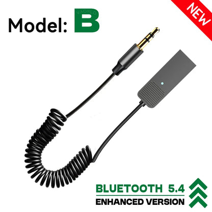 Black coiled aux car wireless cable with gold 3.5mm jack and gray bluetooth 5.4 wireless music adapter for kit wired speaker