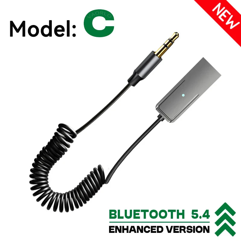 Silver bluetooth 5.4 audio receiver with coiled black cable and gold-plated jack aux car wireless music adapter kit wired speaker