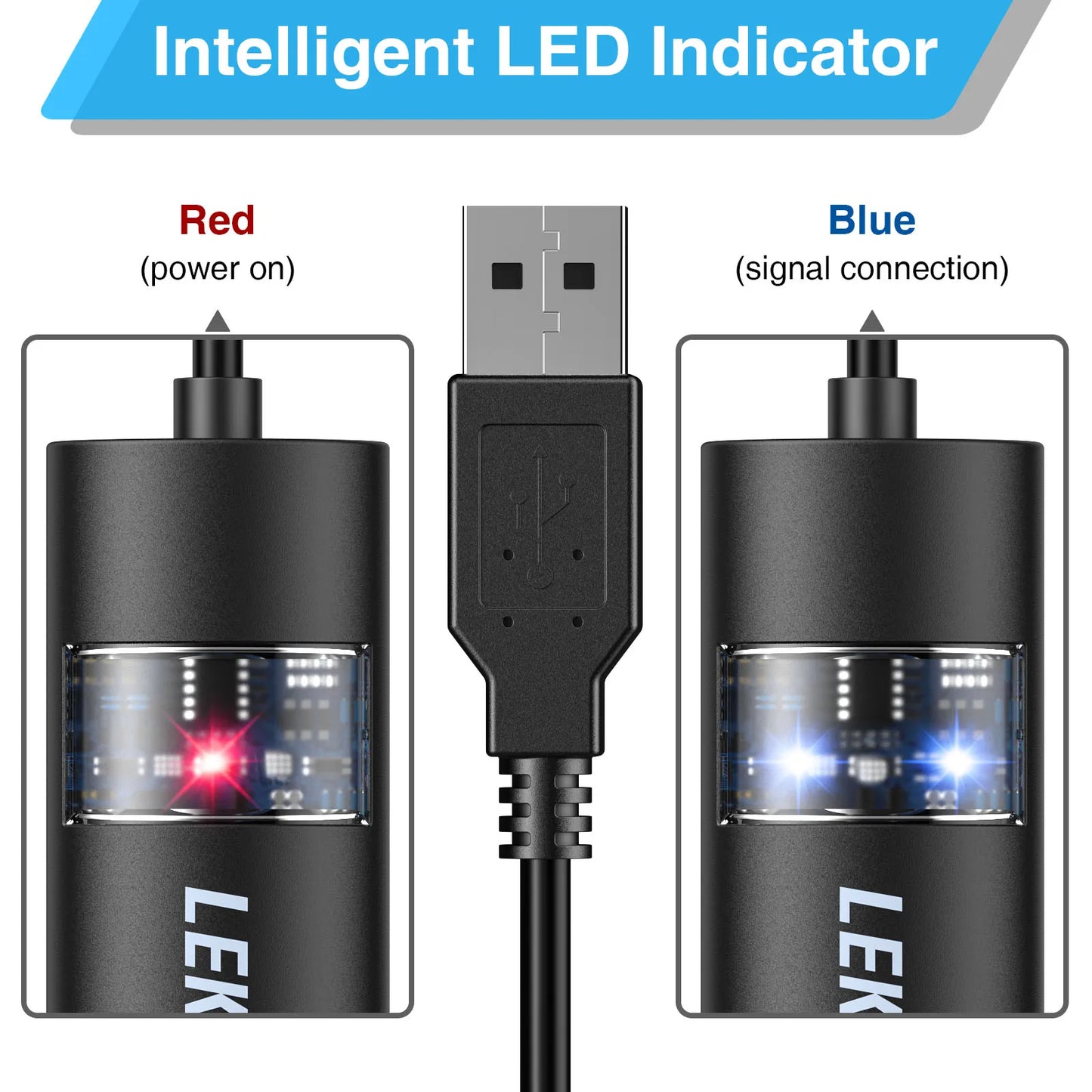 Black cylindrical led indicator devices with red and blue lights on lek new usb midi interface cable converter for pc music keyboards