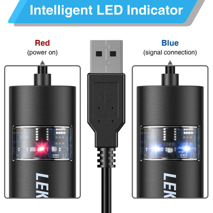 Black cylindrical led indicator devices with red and blue lights on lek new usb midi interface cable converter for pc music keyboards