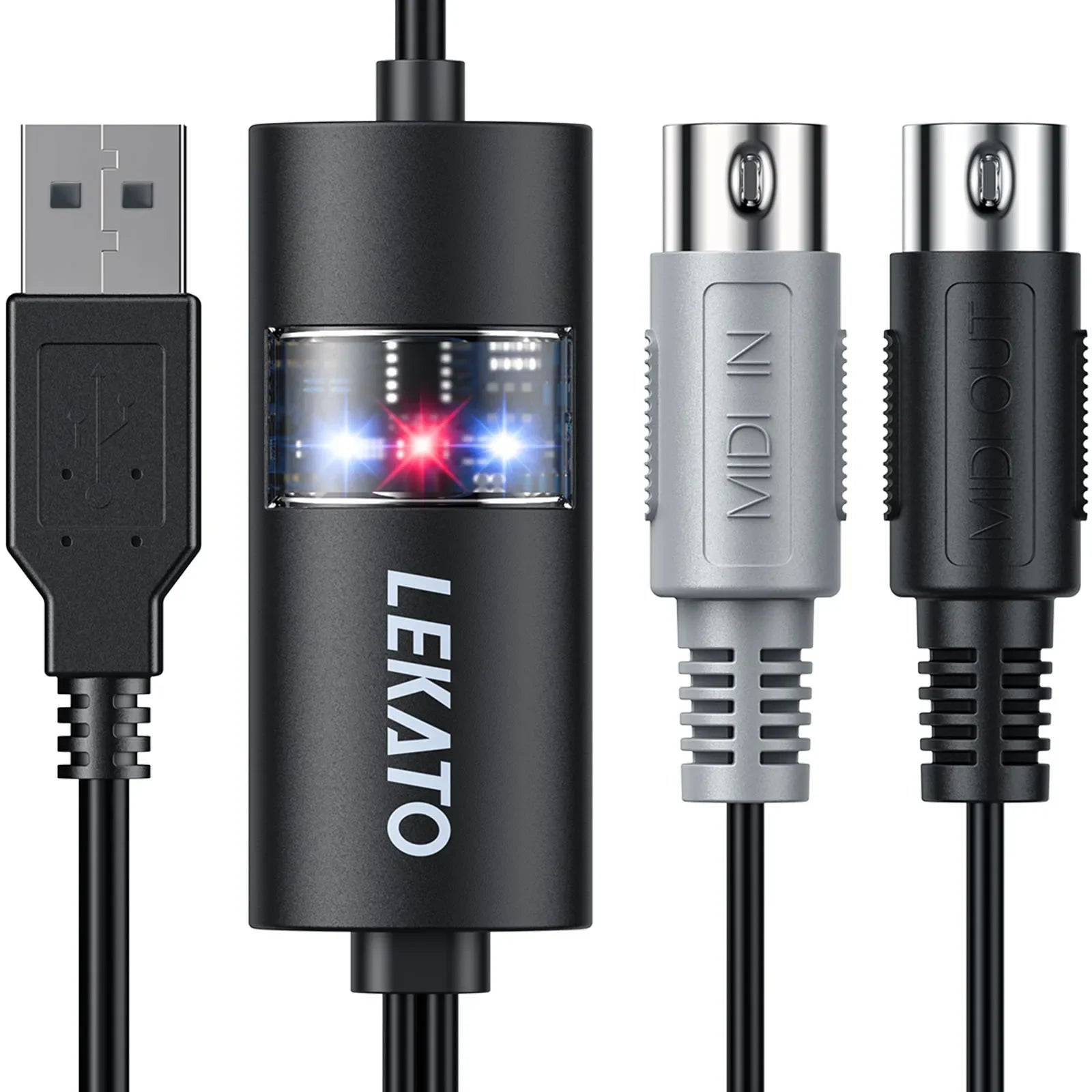 Black lekato midi interface cable converter with usb and midi in out connectors and led indicator window for pc music keyboard