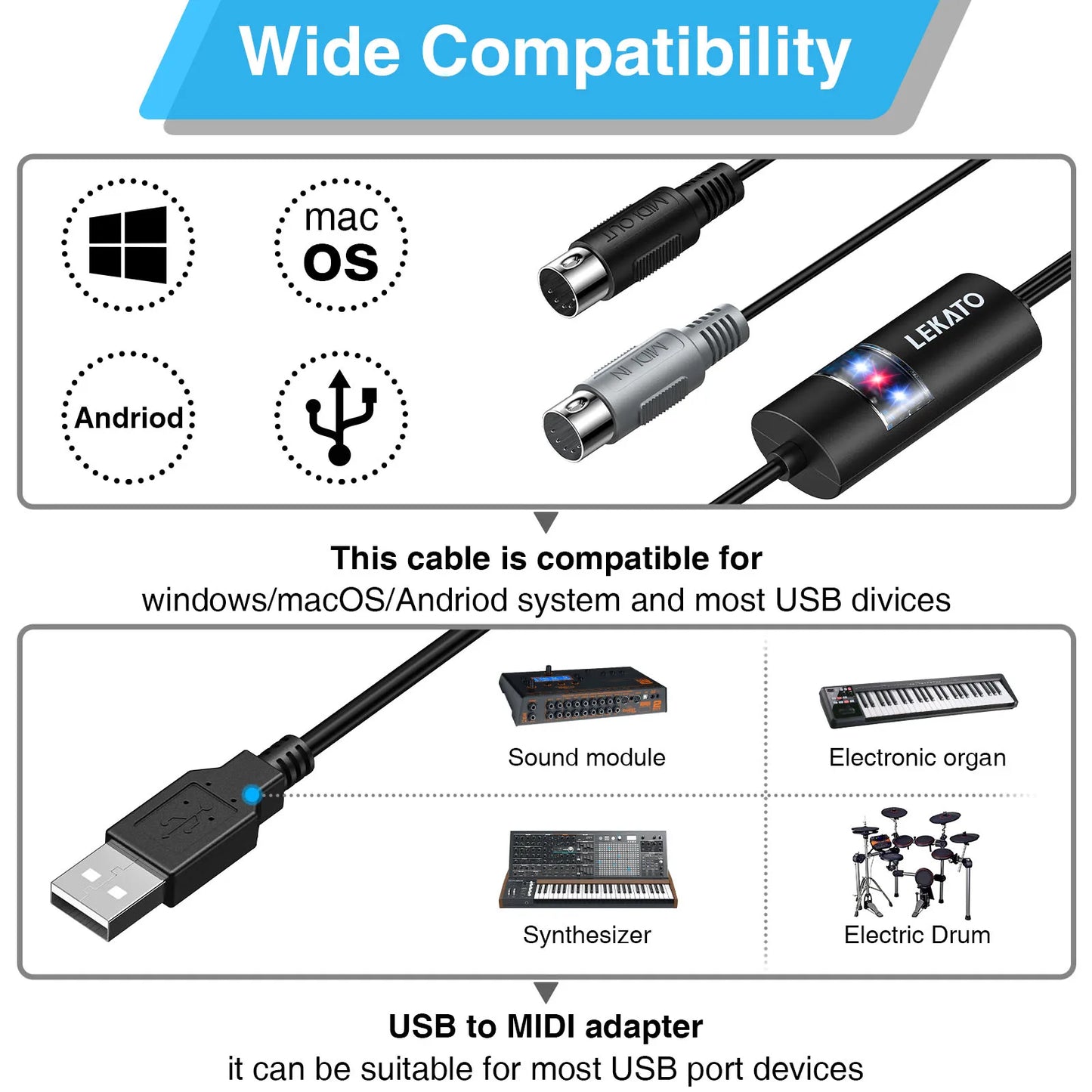 Black lekato midi interface cable with usb-a and dual midi connectors for pc music keyboard interface cable converter