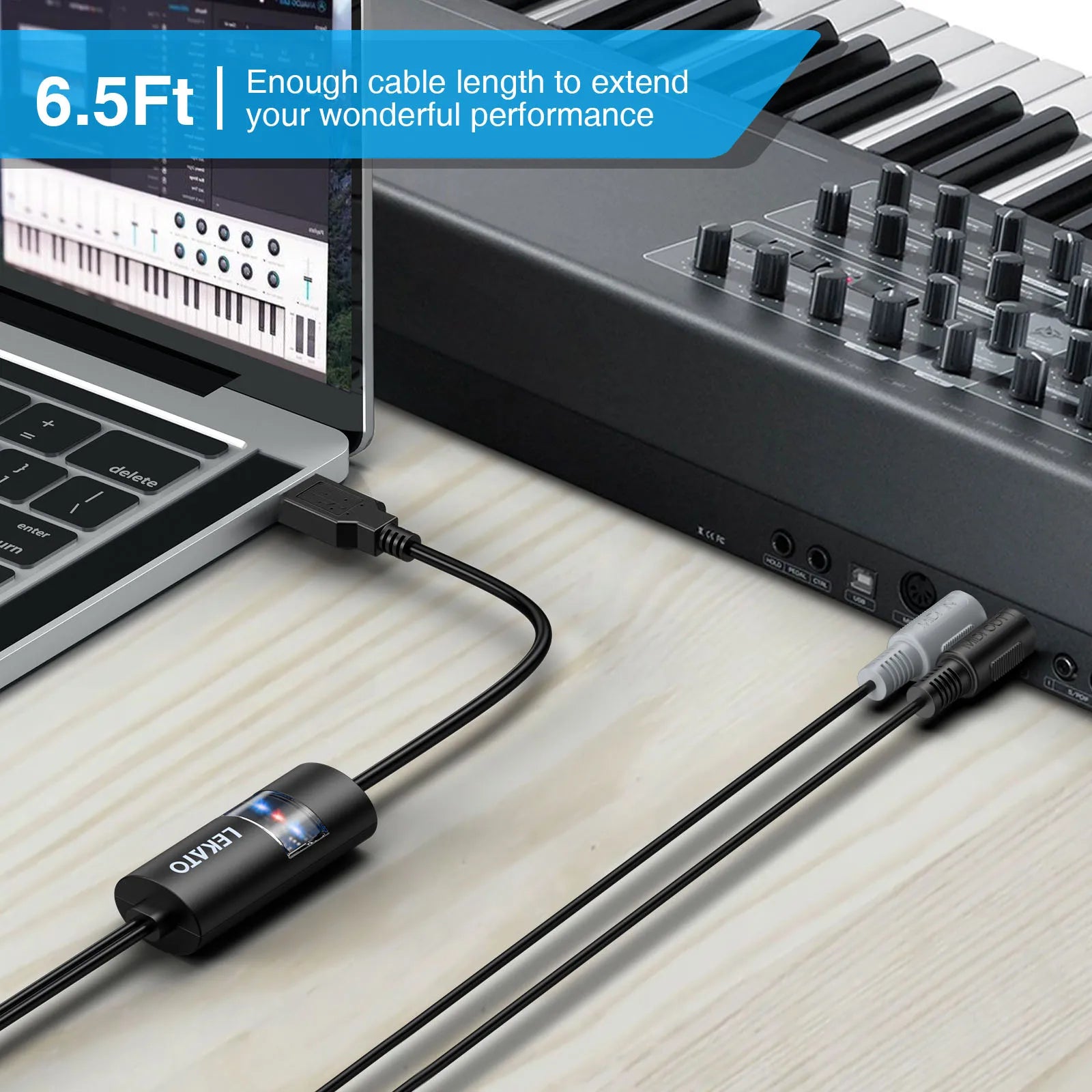 Black lekto midi interface cable with 6.5-foot length and inline connector housing for interface cable converter use