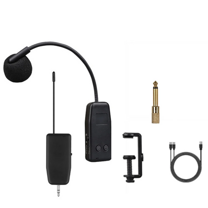 Black violin wireless microphone with flexible gooseneck and foam windscreen paired with compact receiver unit for stage performance