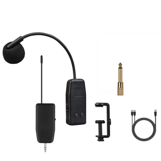 Black violin wireless microphone with flexible gooseneck and foam windscreen paired with compact receiver unit for stage performance