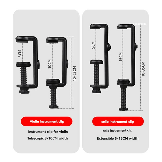 Black telescopic violin instrument microphone clip with adjustable width 3-10cm for wireless violin performance audio receiver