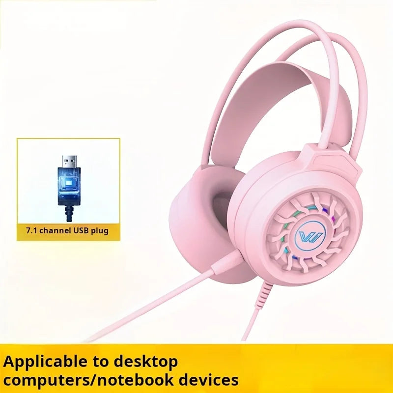 Pink wired gaming headphones with microphone led light and glowing rgb surround sound portable audio design