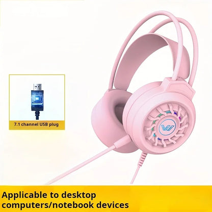 Pink wired gaming headphones with microphone led light and glowing rgb surround sound portable audio design