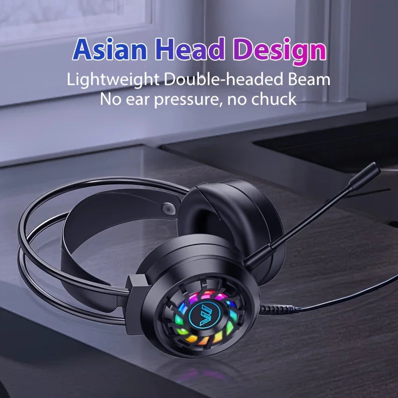 Black wired gaming headphones with glowing microphone led light ring and surround sound portable design for computer use