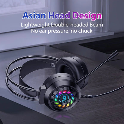Black wired gaming headphones with glowing microphone led light ring and surround sound portable design for computer use
