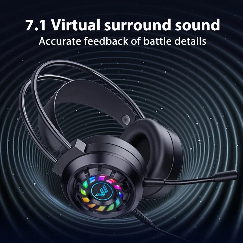 Black wired gaming headphones with microphone led light ring and surround sound portable audio for professional use