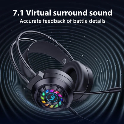 Black wired gaming headphones with microphone led light ring and surround sound portable audio for professional use