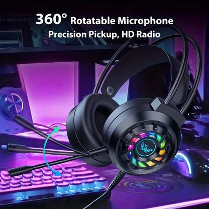 Black wired gaming headphones with 360-degree rotatable microphone led light and colorful rgb surround sound portable audio