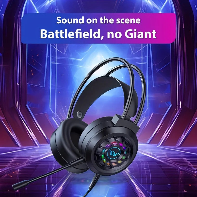 Black wired gaming headphones with microphone led light and rgb earcup featuring surround sound portable design
