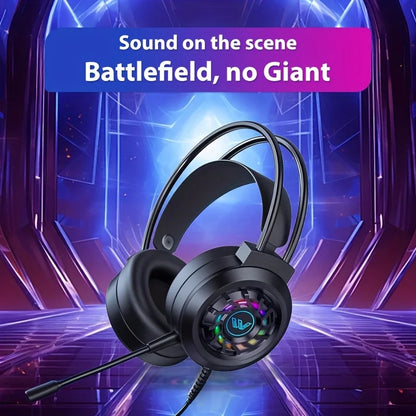 Black wired gaming headphones with microphone led light and rgb earcup featuring surround sound portable design
