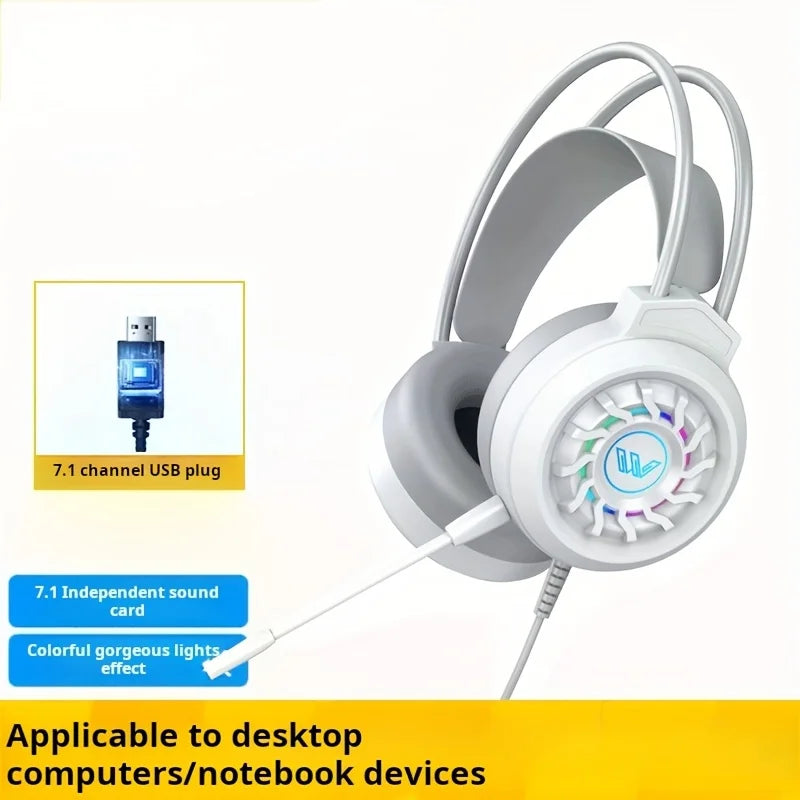 White wired gaming headphones with microphone led light and 7.1 channel surround sound portable usb plug for computer