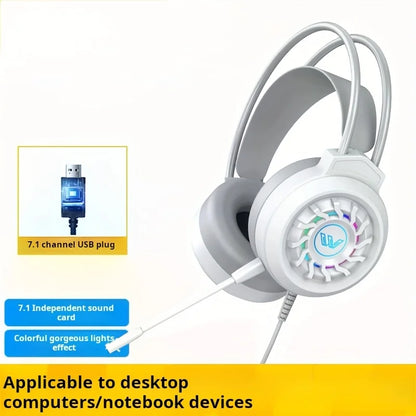 White wired gaming headphones with microphone led light and 7.1 channel surround sound portable usb plug for computer