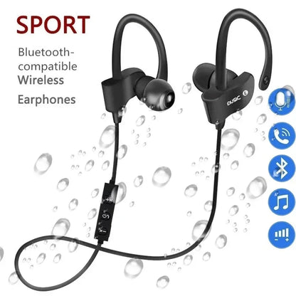 Black sport wireless earphones with hook-style earbuds and central control module for gaming handsfree bluetooth headphones fone