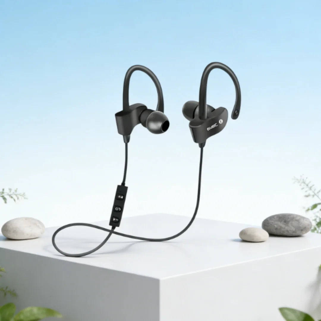 Black wireless earphones sport with hook-style earpieces and control module designed for music headset gaming handsfree use