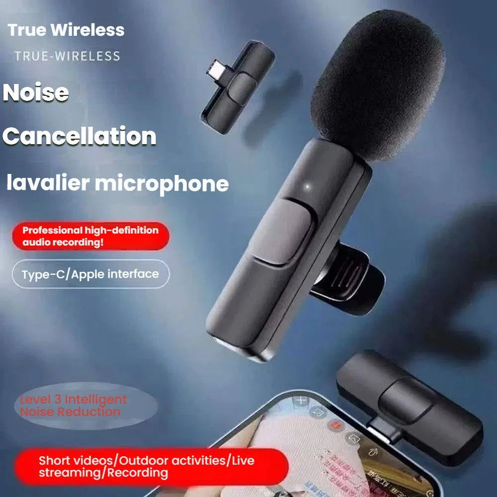 Black wireless lavalier microphone k9 portable with fuzzy windscreen and clip for android live broadcast and recording