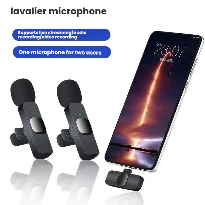 Black wireless lavalier microphone k9 portable with green led and clip alongside smartphone adapter for android live broadcast