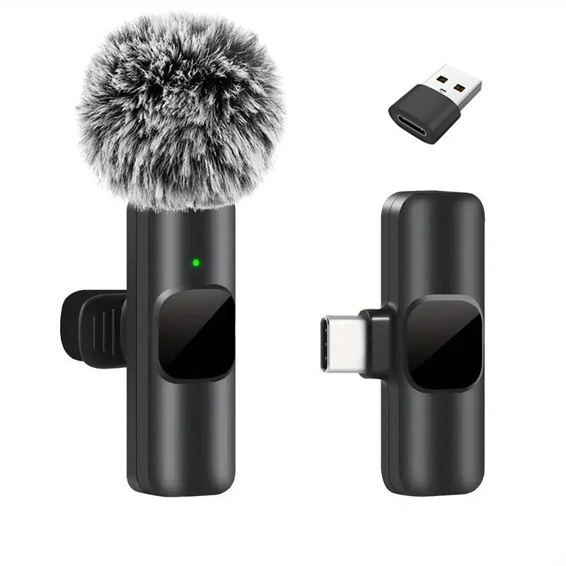 Black wireless lavalier microphone with fuzzy gray windscreen and usb-c adapter for portable audio video recording mini use