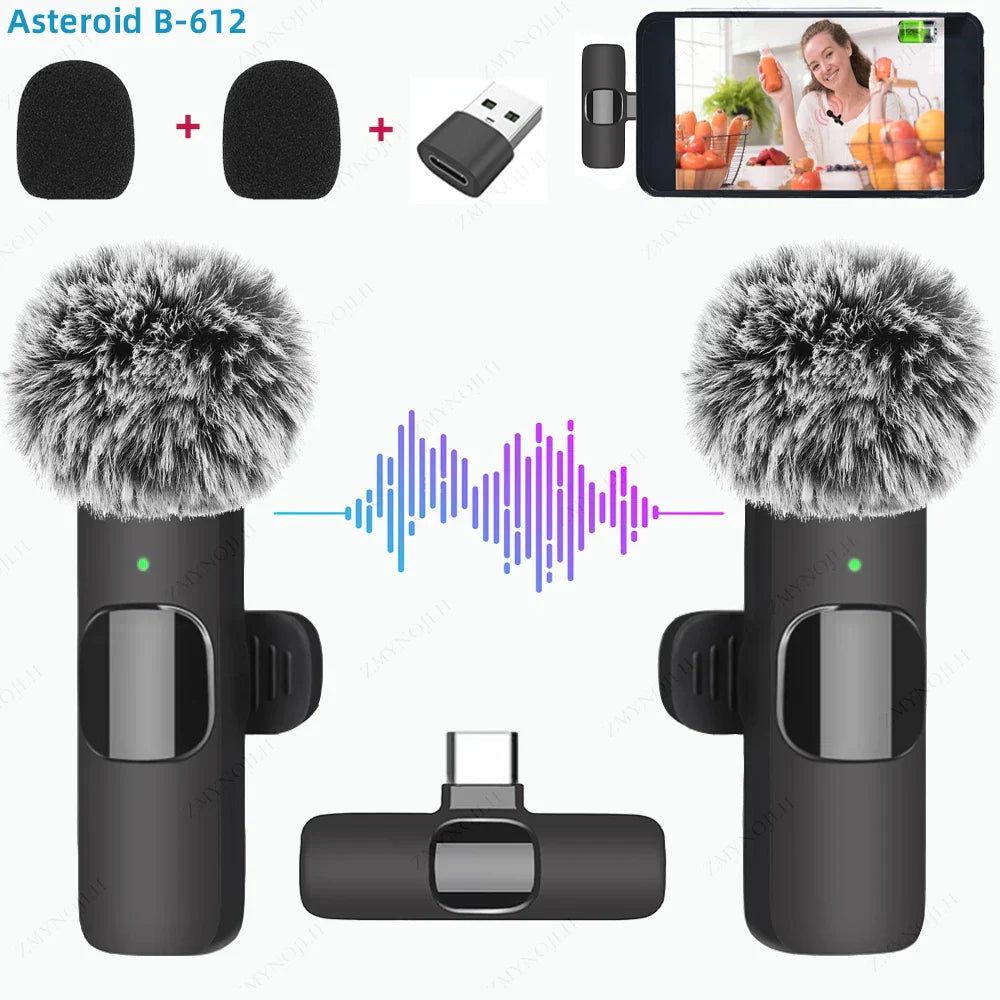 Black asteroid b-612 wireless lavalier microphone with gray and white fluffy windscreen for portable audio video recording