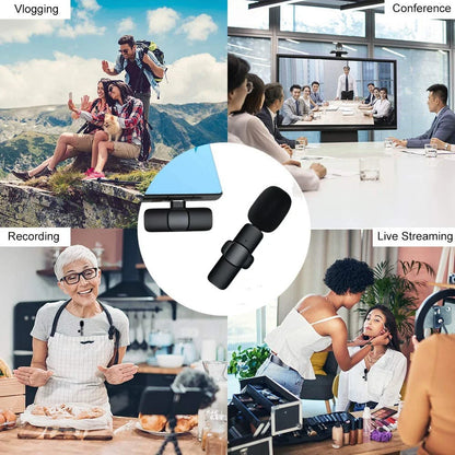 Black wireless lavalier microphone with clip for portable audio video recording mini use on iphone android pc camera live gaming