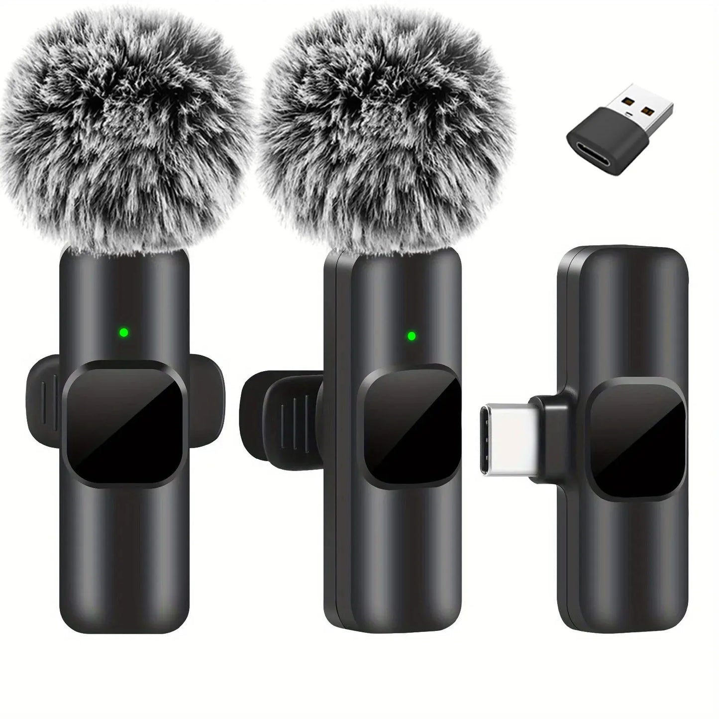 Black wireless lavalier microphone with fuzzy gray windshields and green indicator lights for portable audio video recording mini use