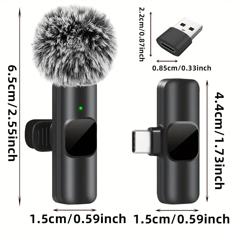 Black wireless lavalier microphone with fuzzy gray windscreen for portable audio video recording mini use