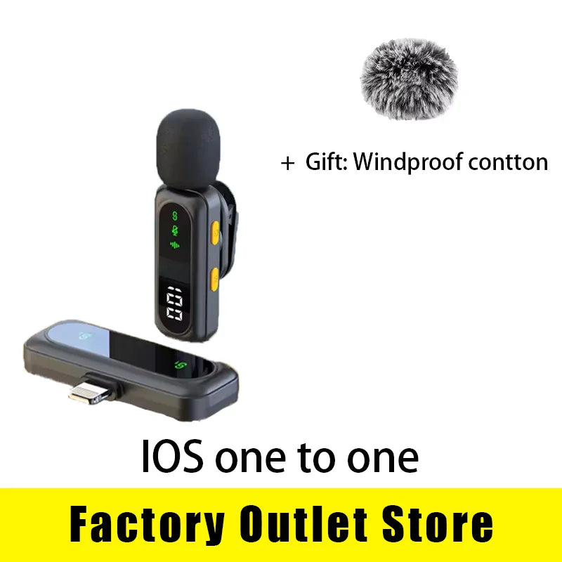 Black wireless lavalier microphone with yellow buttons and windproof cotton cover for podcast noise reduction and video recording