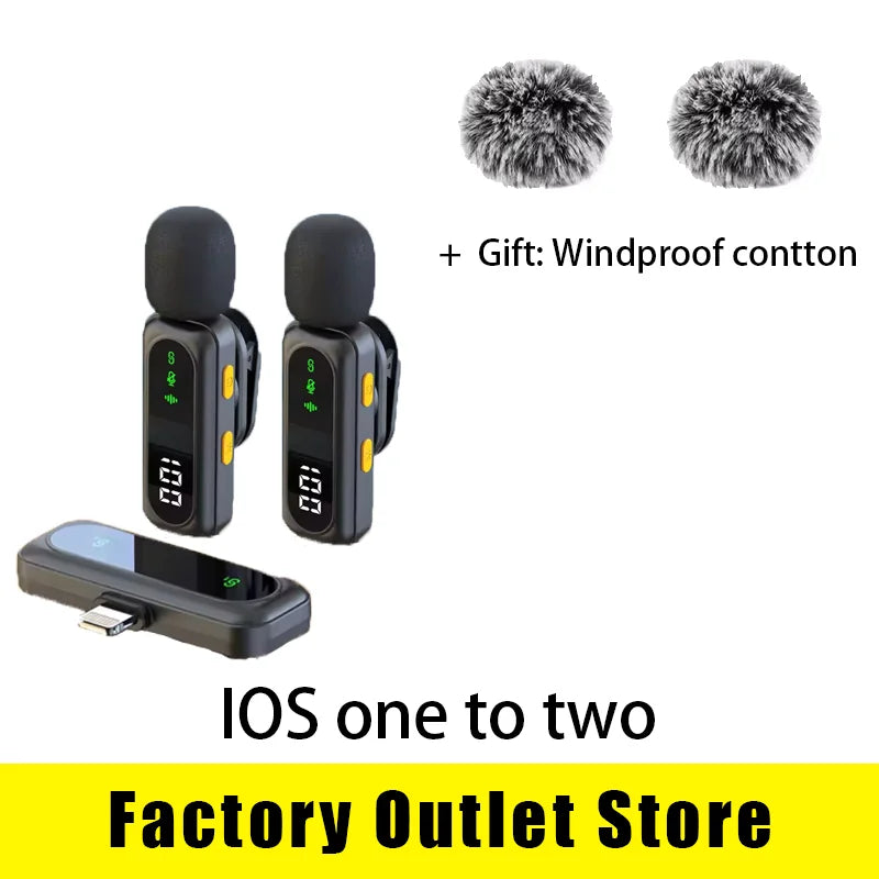 Black wireless lavalier microphone with digital display and windproof cotton covers for podcast noise reduction and video recording