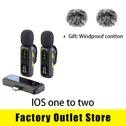 Black wireless lavalier microphone with digital display and windproof cotton covers for podcast noise reduction and video recording