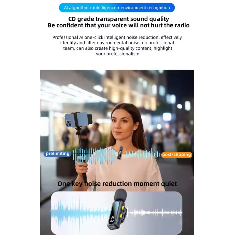Black wireless lavalier microphone with digital display and yellow accent buttons for podcast noise reduction and video recording