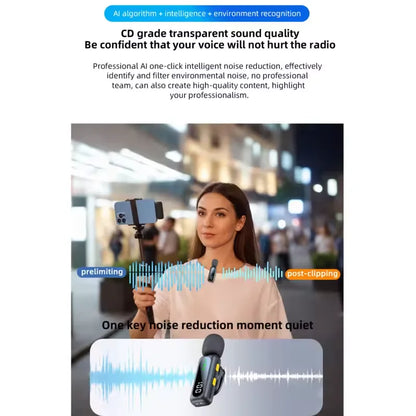 Black wireless lavalier microphone with digital display and yellow accent buttons for podcast noise reduction and video recording
