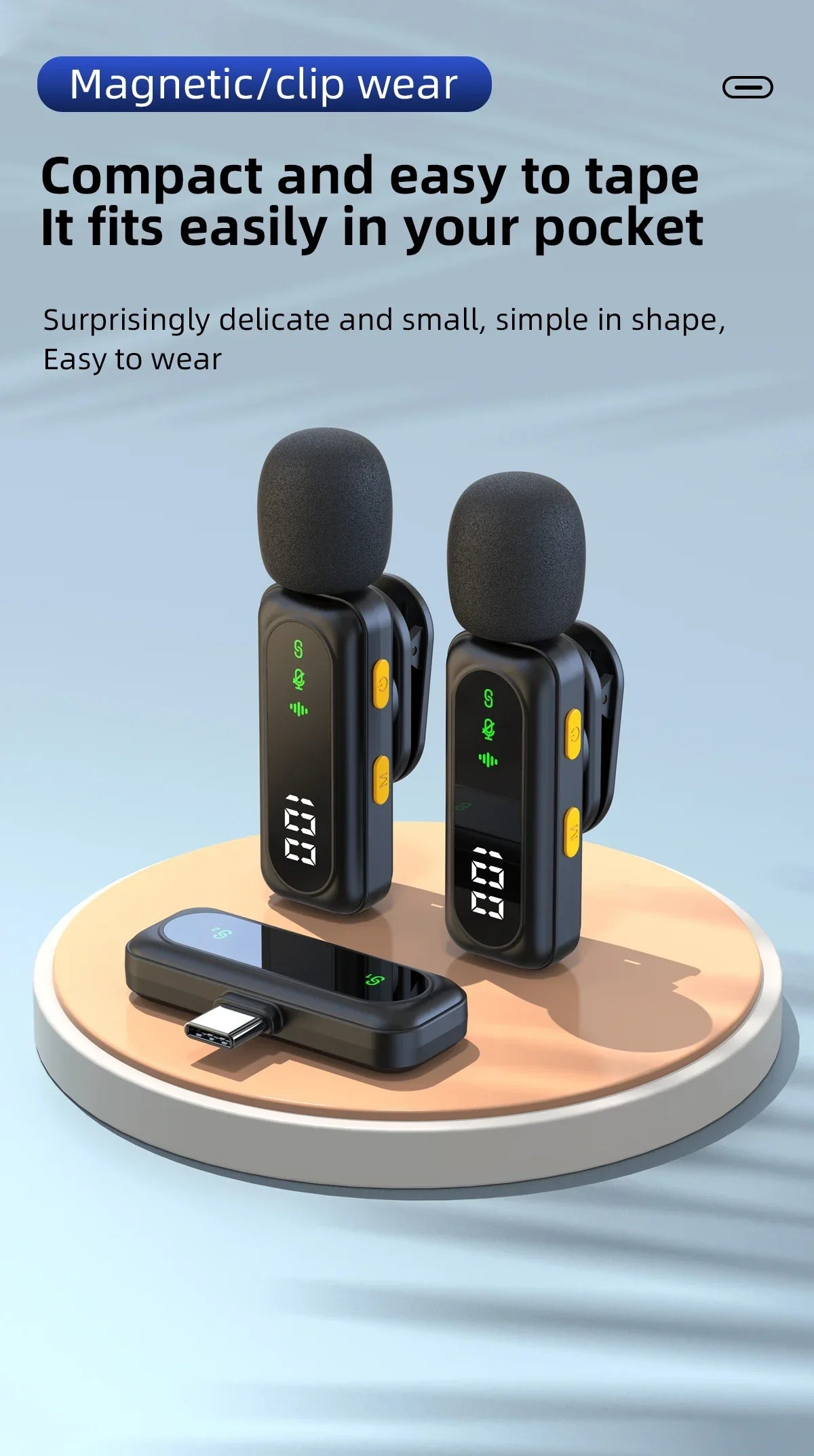 Black magnetic clip-on wireless lavalier microphone receivers with yellow buttons and displays for podcast noise reduction and video recording