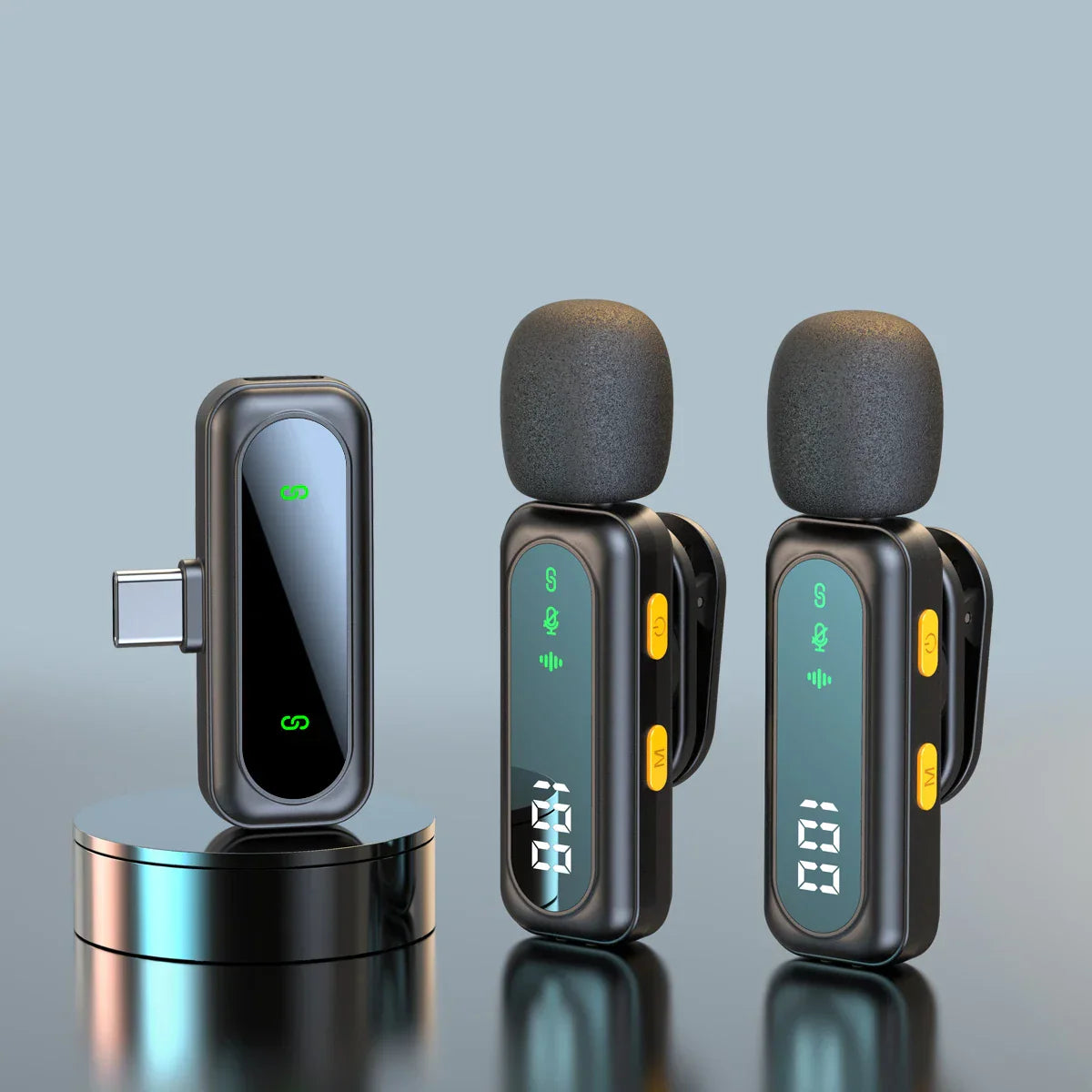 Black wireless lavalier microphone with usb-c port digital display foam windshield and yellow buttons for podcast noise reduction